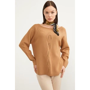 Kayık Yaka Motif Detaylı Triko Kazak - Kamel