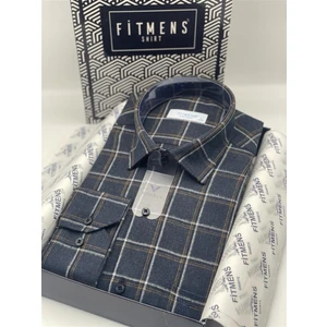 Klasik Uzun Kol Kışlık Ekoseli Oduncu Yaka Altı Düğmeli Pamuklu Hediye Kutulu Erkek Gömlek A8145 - Lacivert