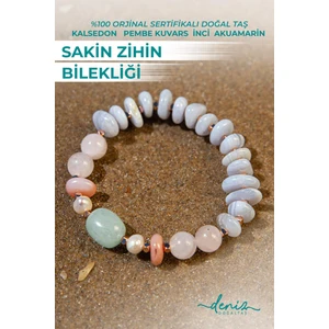 Deniz Doğal Taş Sertifikalı Doğal Taşlı Sakin Zihin Bilekliği, Kalsedon, Inci, Akuamarin, Pembe Kuvars, Hematit
