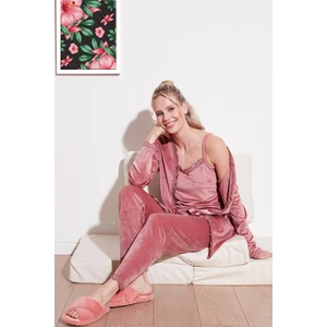 Regular Fit Dantelli Yumuşak Dokulu Sabahlıklı Kadife Pijama Takımı Bayan Pijama Takımı 6095545