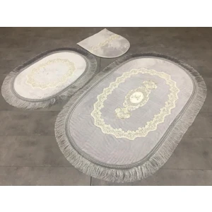 Exclusive Oval Gri 3'lü Dantelli ve Saçaklı Banyo Paspası Püsküllü Çeyizlik Kaymaz Klozet Takımı