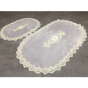 Lisa Gri Oval 2'li Dantelli Aplikli Banyo Paspas Seti Çeyizlik Kaymaz Klozet Takımı Banyo Halısı