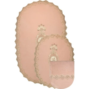 Lisa Pudra Pembe Oval 3'lü Dantelli Banyo Paspas Seti Çeyizlik Kaymaz Klozet Takımı Banyo Halısı