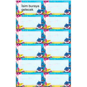 EyER Shoping Baby Shark Kitap Defter Okul Etiketi 48 Adet Kesimli(Ad-Soyad Istekli)