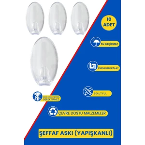 10'lu Oval Yapışkanlı Banyo Askısı Havlu, Bornoz Askısı Çok Amaçlı Güçlü Yapışkanlı Şeffaf Askı