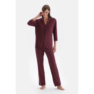Bordo Kadife Şerit Detaylı Gömlek Pantolon Pijama Takımı