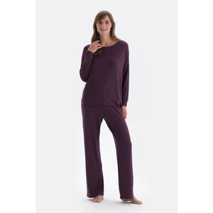 Mor Kayık Yaka Uzun Kollu Penye Modal Örme Pijama Takımı