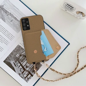 Samsung Galaxy A13 Zebana Boyun Askılı Deri Kılıf Açık Kahverengi