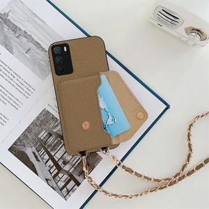 Oppo A16 Zebana Boyun Askılı Deri Kılıf Açık Kahverengi