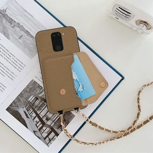 Xiaomi Redmi Note 9 Zebana Boyun Askılı Deri Kılıf Açık Kahverengi