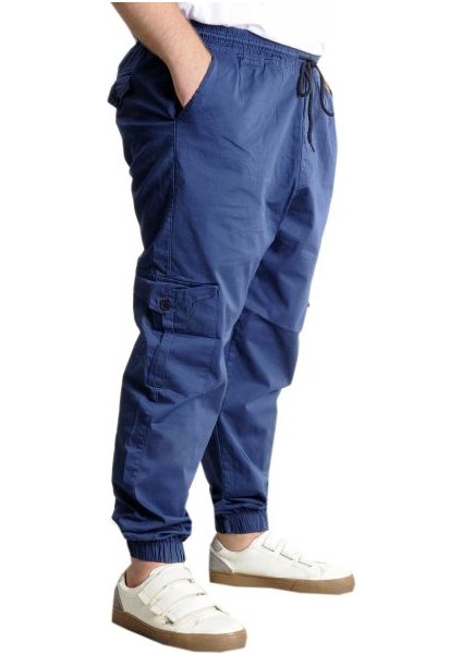 Büyük Beden Pantolon Keten Kargo Jogger 21911 Indigo