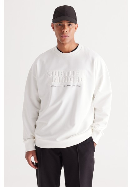 Erkek Ekru Oversize Bol Kesim Içi Polarlı 3 Iplik Bisiklet Yaka Pamuklu Sweatshirt