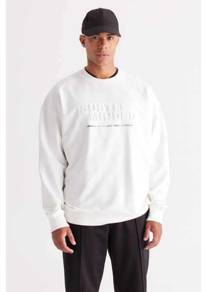 Erkek Ekru Oversize Bol Kesim Içi Polarlı 3 Iplik Bisiklet Yaka Pamuklu Sweatshirt