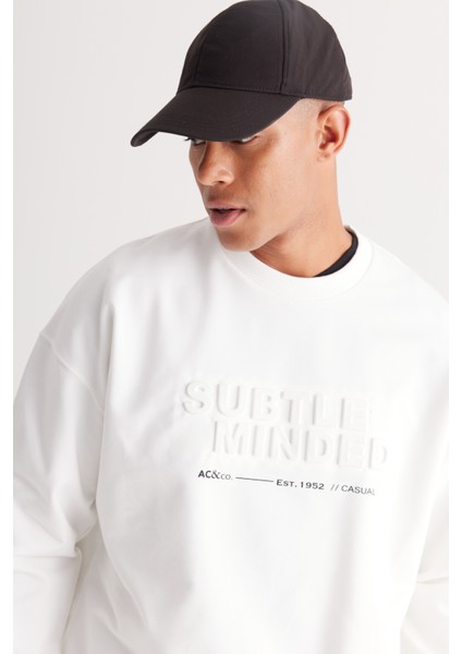 Erkek Ekru Oversize Bol Kesim Içi Polarlı 3 Iplik Bisiklet Yaka Pamuklu Sweatshirt
