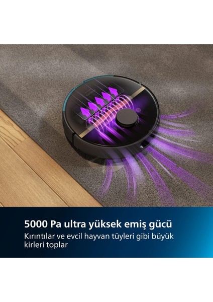 Silme+Haritalandırma Özellikli 5000 Pa Ultra Yüksek Emiş Gücü, 180 Dk Çalışma Süresi, Wi- Fi Otomatik Şarj, Akıllı Robot Süpürge, Siyah