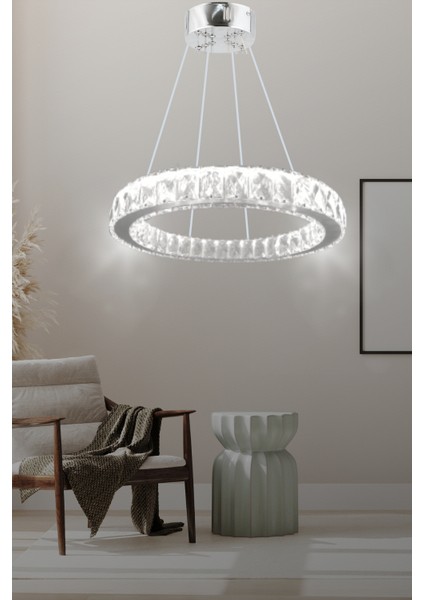 Zilla Tekli Modern Sarkıt Kristal Taşlı LED Avize - 3 Renk Kumandalı-(Beyaz - Sarı - Gün Işığı)40 cm