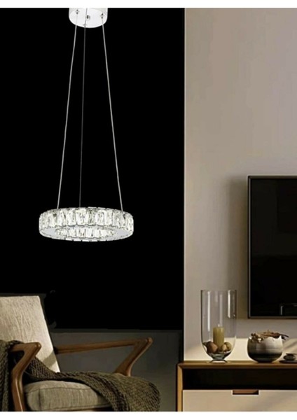 Modern Krom Sarkıt Kristal Taşlı Power LED 3 Renk Avize