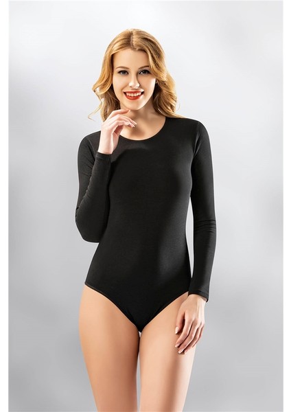 Uzun Kollu Kadın Siyah Çıtçıtlı Badi / Zıbın 6183