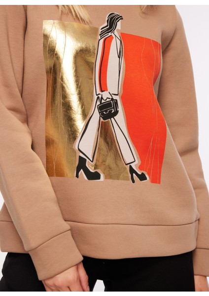 Bisiklet Yaka Varaklı Deve Tüyü Kadın Sweatshirt FC3WL-SWT12 fırsatları