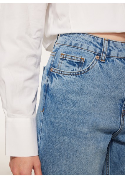 Yüksek Bel Normal Paça Mom Fit Indigo Kadın Denim Pantolon A3WL-PNT7