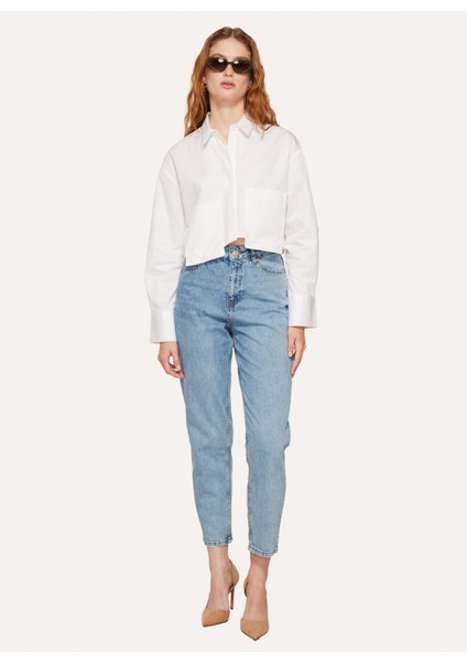 Yüksek Bel Normal Paça Mom Fit Indigo Kadın Denim Pantolon A3WL-PNT7