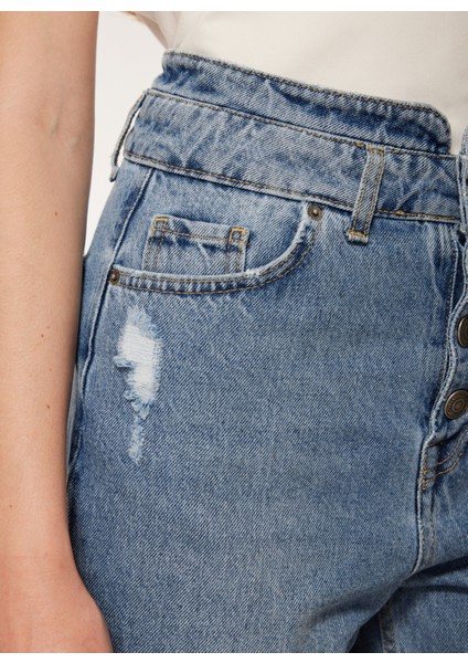 Yüksek Bel Normal Paça Mom Fit Açık Indigo Kadın Denim Pantolon A3WL-PNT2