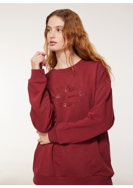 Bisiklet Yaka Baskılı Bordo Kadın Sweatshirt A3WL-SWT2