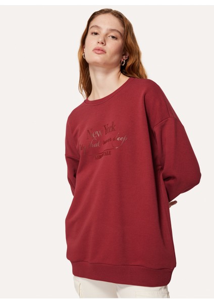 Bisiklet Yaka Baskılı Bordo Kadın Sweatshirt A3WL-SWT2