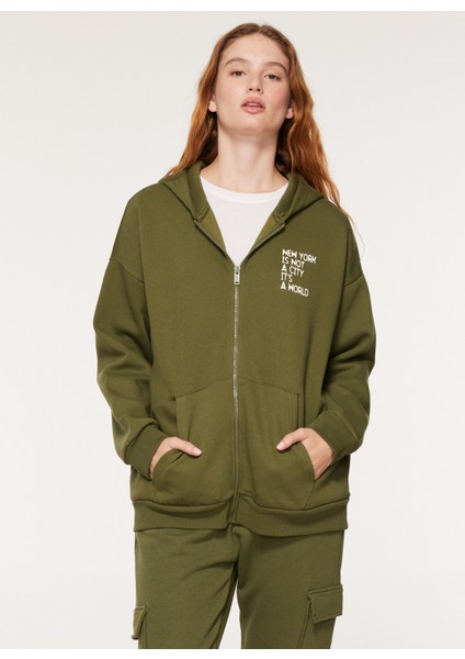 Kapüşon Yaka Baskılı Haki Kadın Sweatshirt A3WL-SWT1