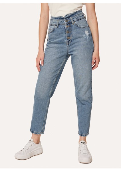 Yüksek Bel Normal Paça Mom Fit Açık Indigo Kadın Denim Pantolon A3WL-PNT2 fırsatları