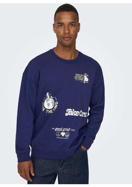 Only & Sons O Yaka Mavi Erkek Sweatshirt 22026422_ONSPEANUTS Rlx Crew Neck S