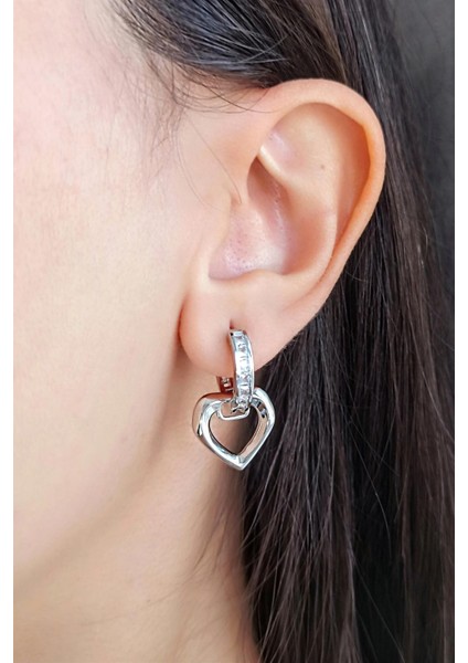 Kadın Vip Seri Baget Zirkon Taşlı Sallantılı Kalp Model Klipsli 2'li Set Küpe