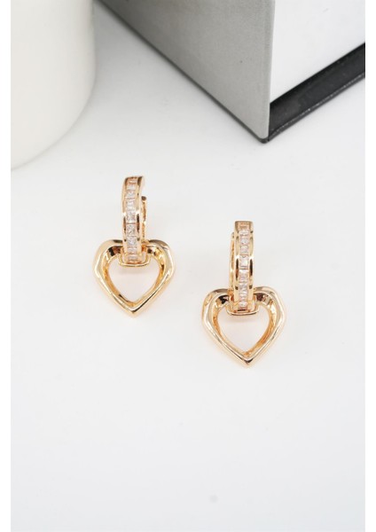 Kadın Vip Seri Baget Zirkon Taşlı Sallantılı Kalp Model Klipsli 2'li Set Küpe