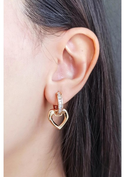 Kadın Vip Seri Baget Zirkon Taşlı Sallantılı Kalp Model Klipsli 2'li Set Küpe fiyatları