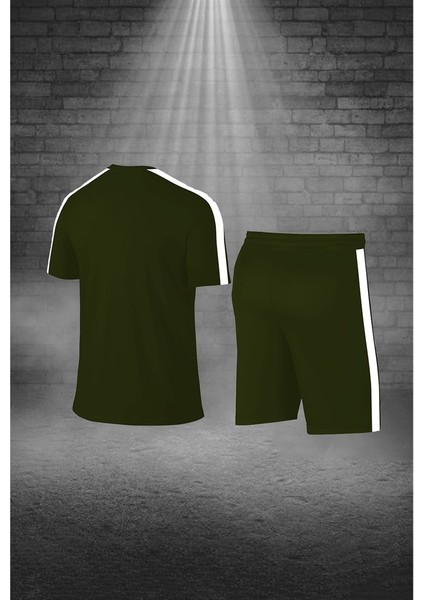 Erkek Haki Dri-Fit Kumaş Düz Konforlu Cepli Kısa Kol Tişört Şort Alt Üst Koşu Seti S-3xl