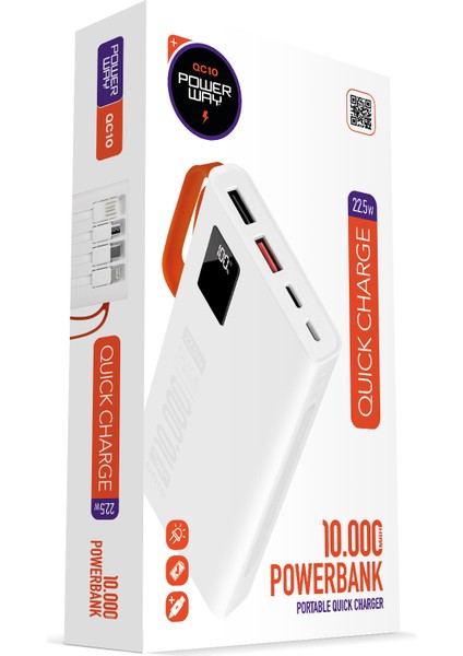 10.000 Mah Pd 22.5W Dahili Kablolu Hızlı Şarj LED Fener Gerçek 10.000 Mah QC10 Powerbank