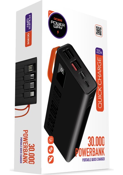 30.000 Mah Pd 22.5W Dahili Kablolu Hızlı Şarj LED Fener Gerçek 30.000 Mah QC30S Powerbank