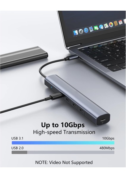 Nr7 5in1 Type-C Hub To 4 Adet Type-C Pd 60W Port 1 Adet USB 3.0 Port 10GBPS Veri Aktarım Hızı Alüminyum Kasa