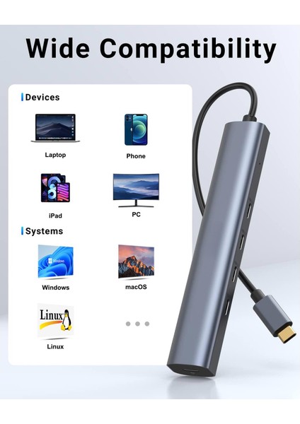Nr7 5in1 Type-C Hub To 4 Adet Type-C Pd 60W Port 1 Adet USB 3.0 Port 10GBPS Veri Aktarım Hızı Alüminyum Kasa