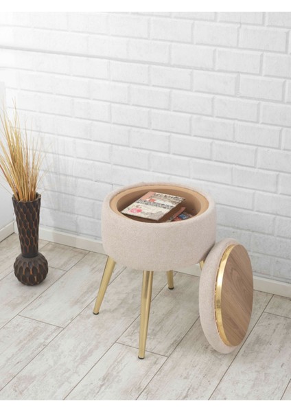 Bella Metal Ayaklı Sehpalı Teddy Kumaş Puf Altın Beyaz (Gold White)