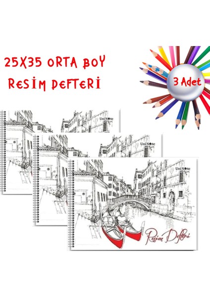 25X35 Spiralli Karton Kapak 15 Yaprak Resim Defteri 3 Adet
