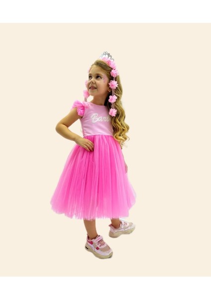 Barbie Baskı Pembe Tüllü Abiye Elbise
