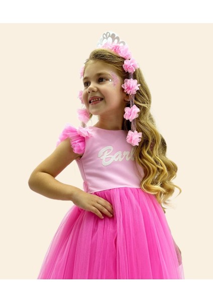 Barbie Baskı Pembe Tüllü Abiye Elbise modelleri
