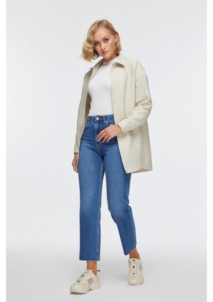 Kadın Cepli Lacivert Mom Jeans Pantolon