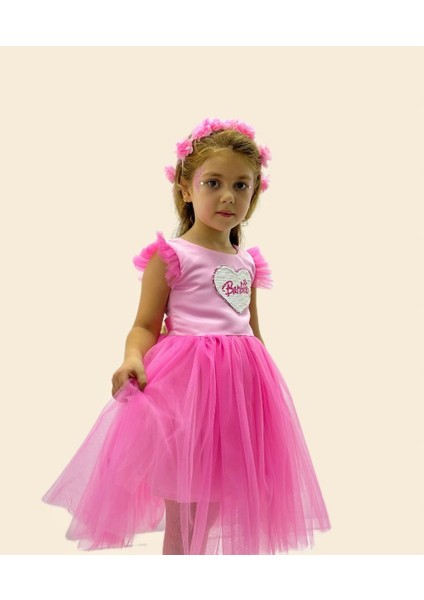 Barbie Pul Baskılı Çiçek Tokalı Pembe Tüllü Abiye Elbise fiyatları
