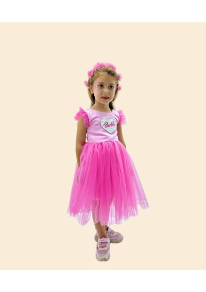 Barbie Pul Baskılı Çiçek Tokalı Pembe Tüllü Abiye Elbise