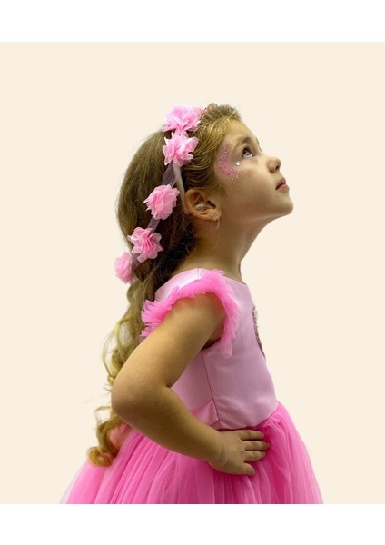 Barbie Pul Baskılı Çiçek Tokalı Pembe Tüllü Abiye Elbise modelleri