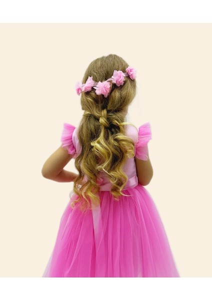 Barbie Pul Baskılı Çiçek Tokalı Pembe Tüllü Abiye Elbise fırsatları