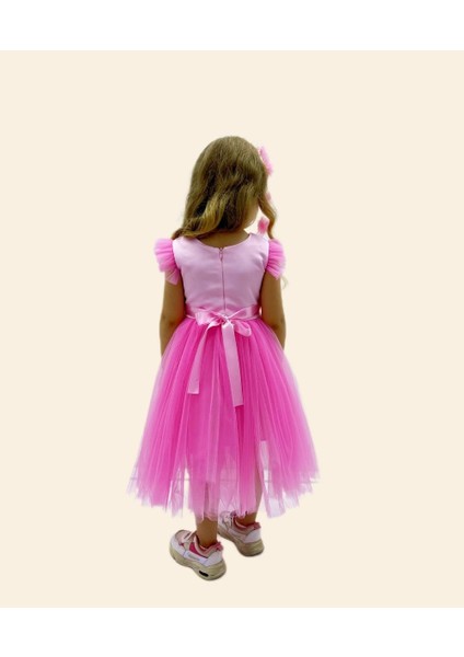 Barbie Pul Baskılı Çiçek Tokalı Pembe Tüllü Abiye Elbise indirimleri