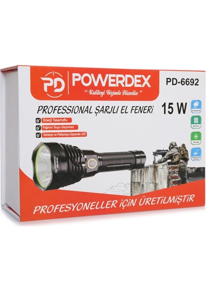 PD-6692 15 Watt 1000 Lümen Profesyonel Şarjlı El Feneri